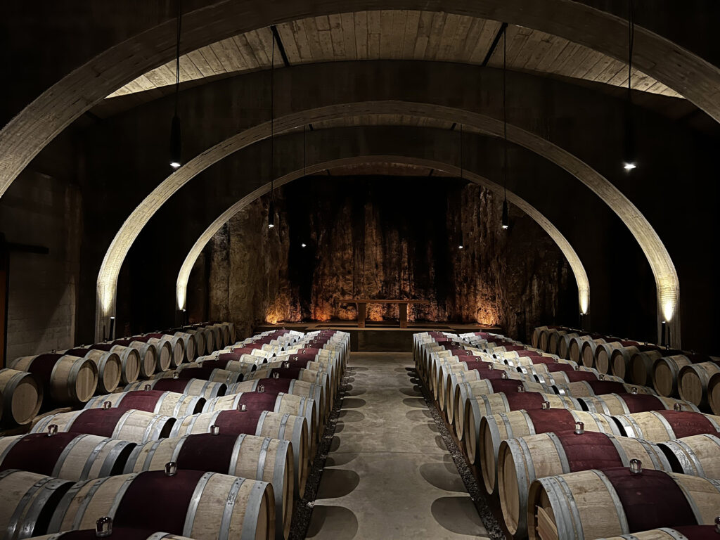 Oak wine barrels ageing in a Bordeaux wine cellar