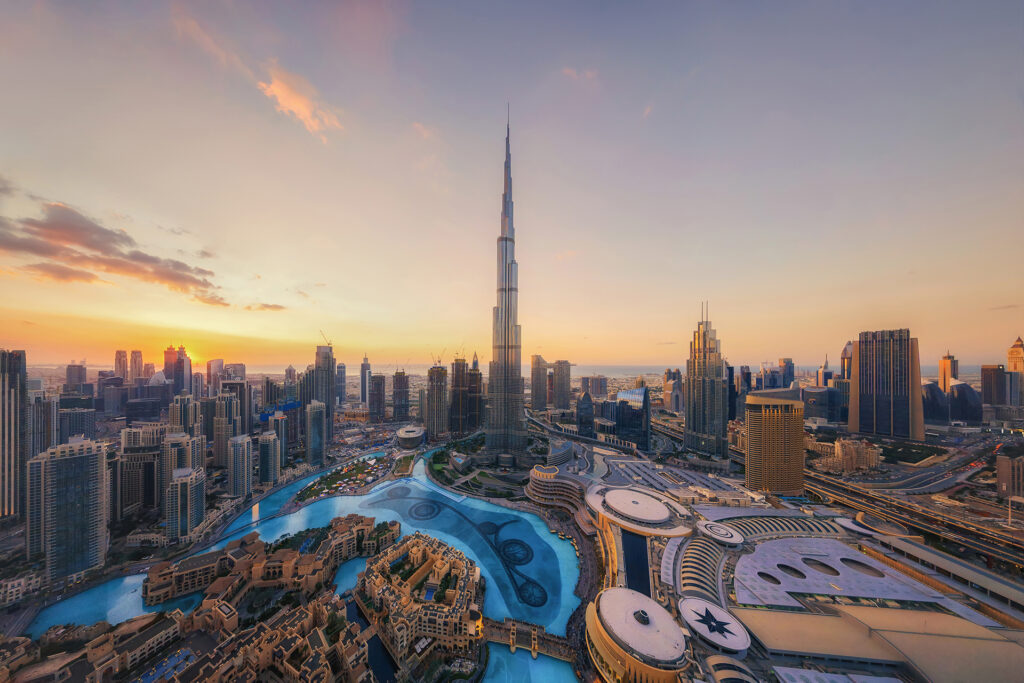 Burj Khalifa and Downtown Dubai at sunset